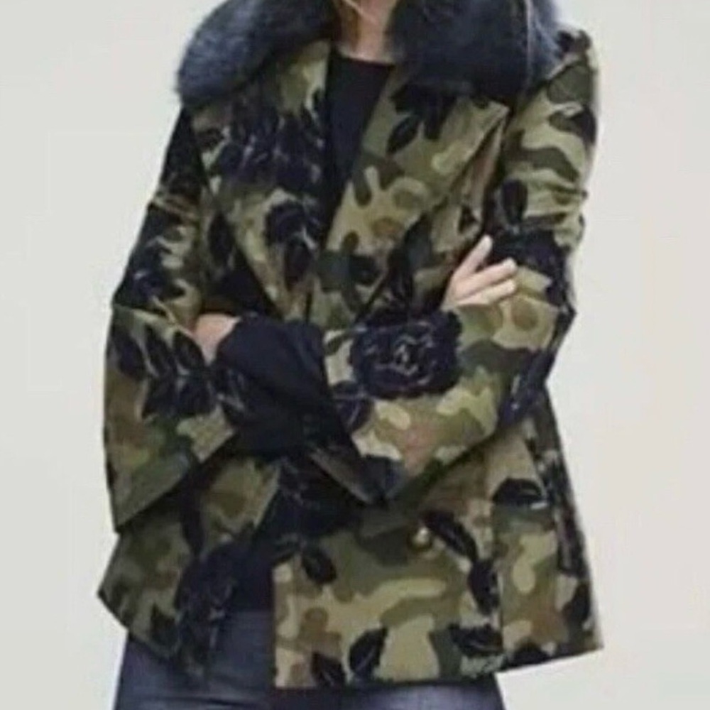Banana Republic Peacoat Jacket Olive Camo Navy Faux Fur Collar Size Small
